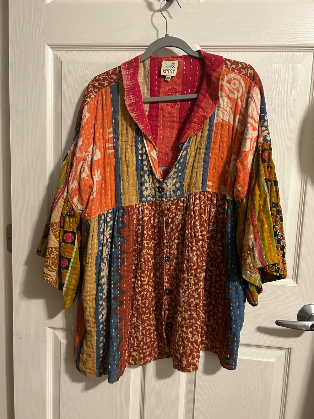 Gypsy Multicolor Patchwork V-Neck Tunic Top - Orange Mix